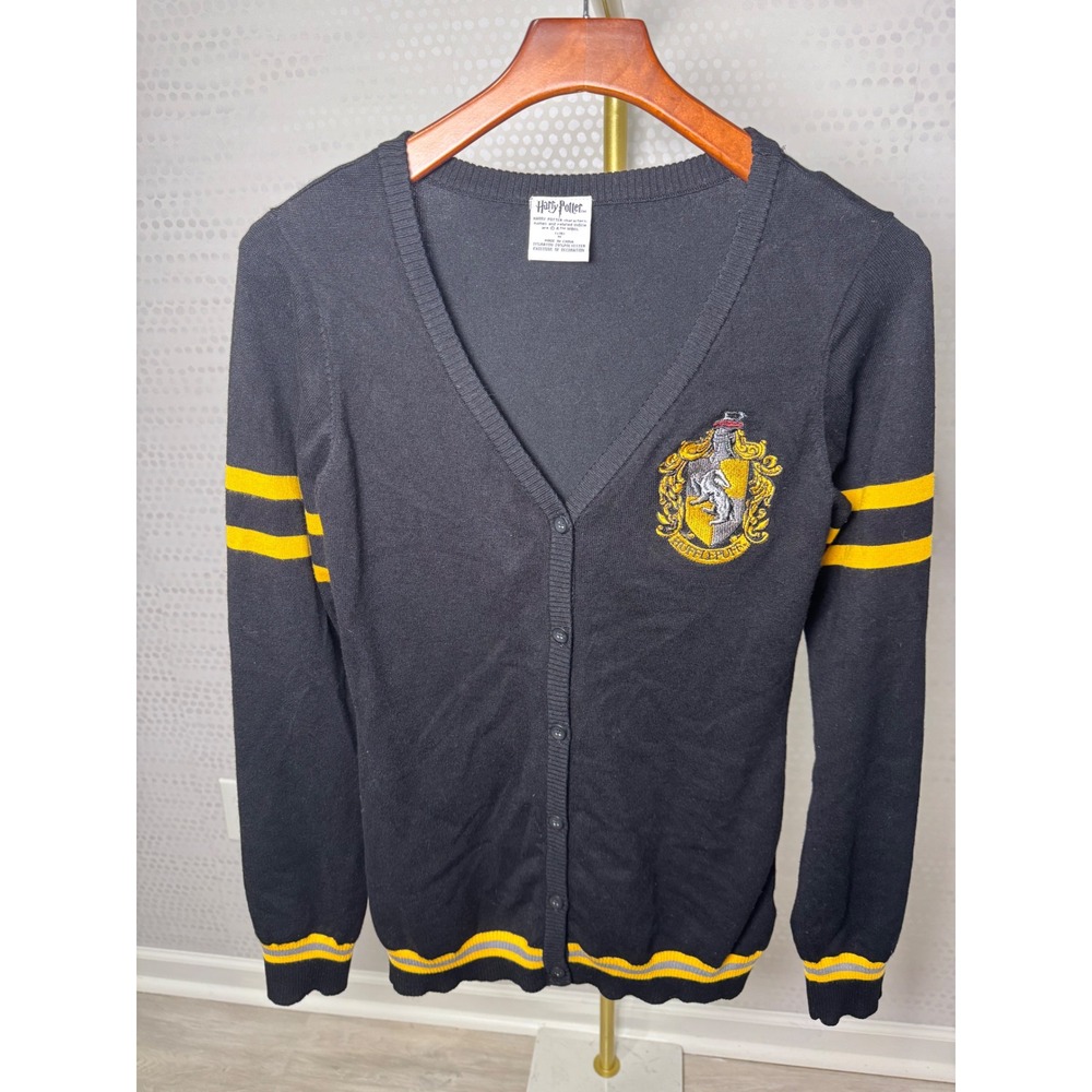 Harry Potter Hufflepuff Cardigan Womens Medium Black Embroidered Crest V-Neck